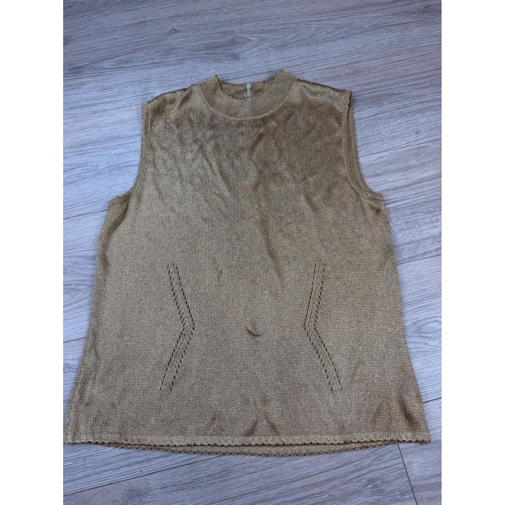 St. John Basics Gold Metallic Sleeveless Mock‎ Neck Knit Top Size M Pointelle